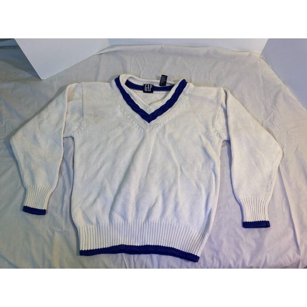 Vintage 90s Retro GAP SIZE Medium Varsity Sweater - White & Blue 100% Cotton